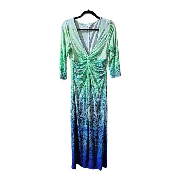 BOSTON PROPER Ruched Ombre Green Blue Long Maxi Dress - Size 10 - Picture 1 of 9